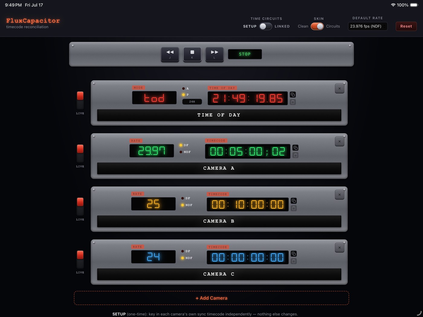 FluxCapacitor on iPad in the Time Circuits skin, showing several cameras at different frame rates all reconciled