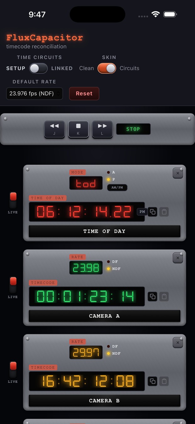 FluxCapacitor on iPhone showing Time of Day plus three cameras at different frame rates