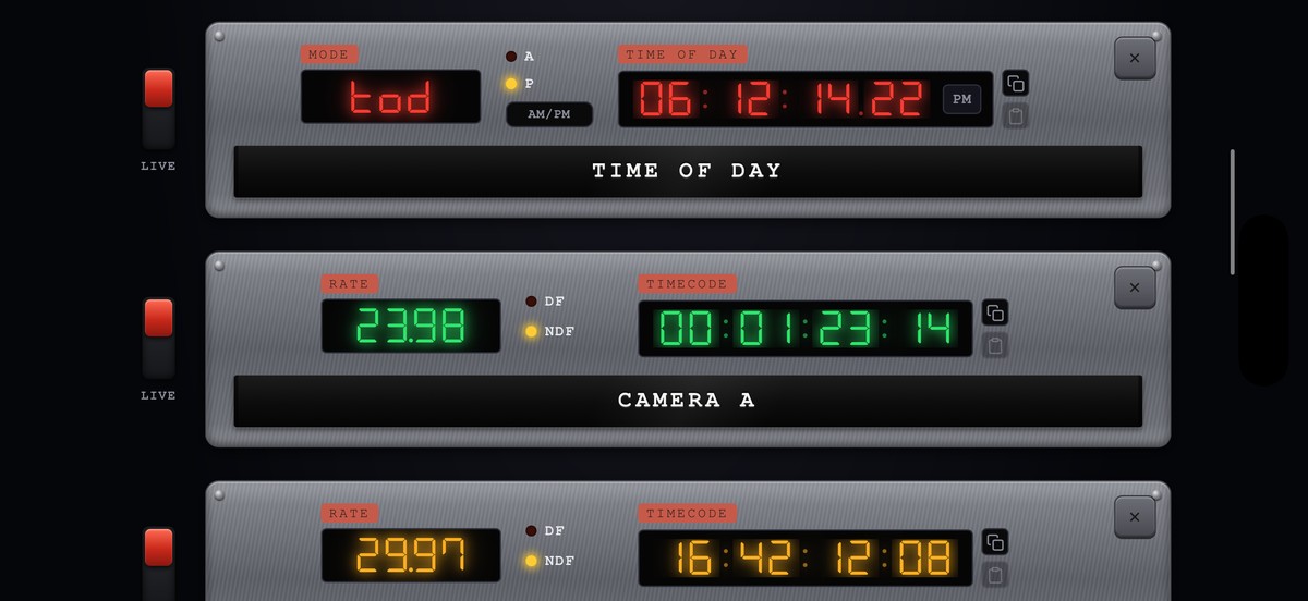 Close view of camera rows showing rate readouts, drop-frame and non-drop-frame lamps, and timecode displays